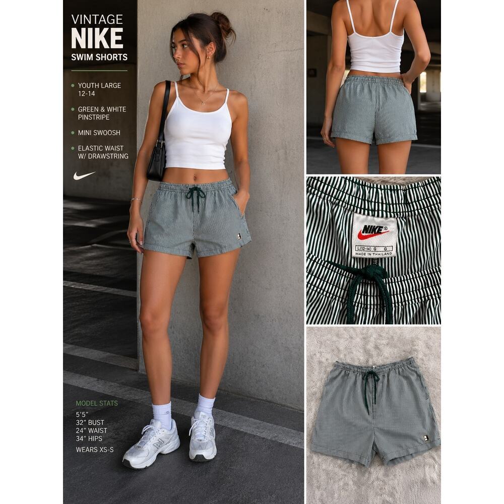Vintage Nike Swim Shorts Green Pinstripe Mini Swoosh Y2K Womens XS S